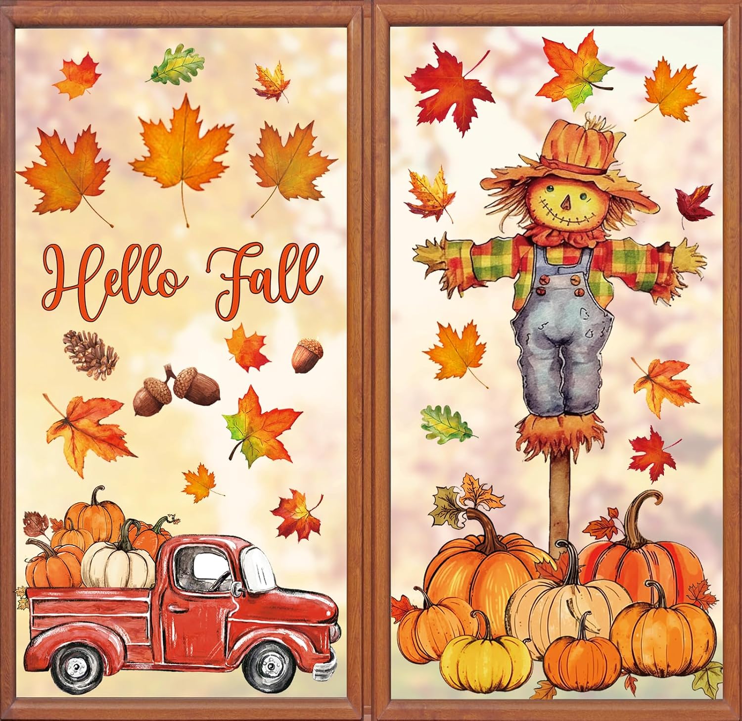 Whaline 6 Sheets Fall Window Clings Watercolor Truck Pumpkin Maple