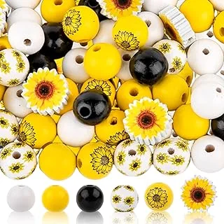 Whaline 150Pcs Sunflower Wood Beads Set Round Yellow Black White Wooden Beads