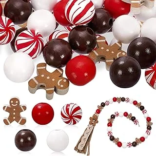 Whaline 180Pcs Christmas Wooden Beads Xmas Gingerbread Beads Red White Brown