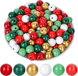 Whaline 240Pcs Christmas Wooden Beads Xmas Natural Red Green Gold Round Beads