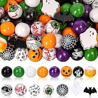 Whaline 200Pcs Halloween Wooden Beads 15 Styles Assorted Pattern Decorative