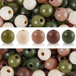 Whaline 240Pcs Christmas Wooden Beads Brown Green Beige Round Loose Bead