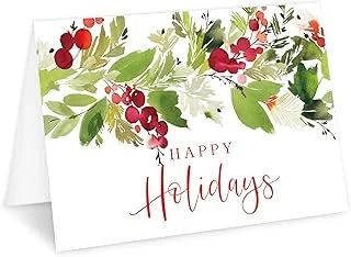 50 Pack Happy Holidays Greeting Cards Watercolor Holly
