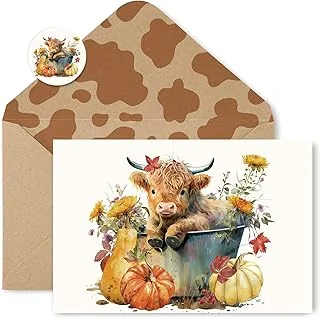 24 Pack Fall Greeting Card Highland Cow Pumpkin Floral