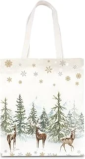 Christmas Canvas Tote Bags Watercolor Xmas Tree Reindeer Snowflake Grocery Shopping Bag Xmas Winter Reusable Gift Goodie Bag for Gifts Wrapping Storage, 13.4 x 15.8in