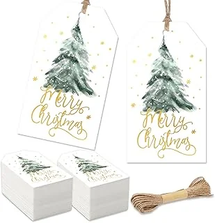 100Pcs Merry Christmas Gold Foil Paper Gift Tags Watercolor Pine Tree Blank Hanging Labels with Hemp Rope for Xmas Winter Holiday Present DIY Crafts