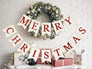Christmas Burlap Banner Felt Merry Christmas Banner Pre-Assembled White Red Xmas Bunting Garland Celebration Hanging Decorations for Christmas Party Supplies Home Decoration