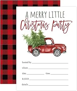 25 Pack Christmas Party Invitation Cards Watercolor Vintage Red Truck Invitation Paper Cards with Envelopes Red and Black Plaid Xmas Holiday Party Invites