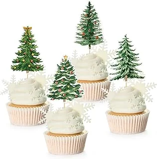 48Pcs Christmas Tree Cupcake Toppers 4 Designs Watercolor Cake Decor Assorted Xmas Green Cupcake Toppers for Birthday Winter Holiday Party Supplies