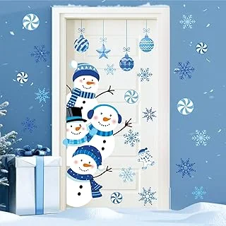 Christmas Winter Door Stickers Blue Snowman Snowflake Candy Wall Decals Large Mural Stickers for Xmas Home Refrigerator Window Decoration, 35.4 x 11.8 Inch