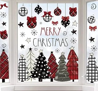 9 Sheets Merry Christmas Window Clings Red Black Xmas Tree Ball Snowflake Window Stickers Plaid Polka Dot Design Double-Side Glass Decals for Home Party Decorations, 7.9 x 11.8 Inch