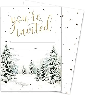 25 Sets Christmas Invitations Snowy Forest Invitation Cards with Envelopes Stickers Winter Holiday Party Blank Invites for Wedding Birthday Baby Shower, 5 x 7 Inch