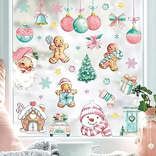 9 Sheets Vintage Christmas Window Cling Stickers Pink Gingerbread Santa Snowman Reusable Window Decals Xmas Watercolor Windows Decoration for Winter Party Home Office Classroom