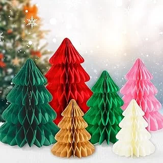 Christmas Honeycomb Paper Tree 3D Xmas Centerpieces Green Red Pink Brown Beige Table Toppers for Holiday Party Home Decorations, 6 Pcs
