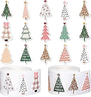 1000Pcs Christmas Boho Stickers Xmas Pine Tree Decals 12 Design Self-Adhesive Stickers for Christmas Birthday Holiday Party Decor Supplies, 2 Rolls