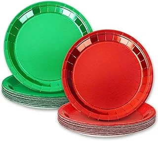 Christmas Dessert Plate Foil Red Green Disposable Paper Plate Metallic Dinnerware Plates 9 Inch for Xmas Winter Party Supplies Table Decor, 40 Pcs