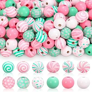 210Pcs Christmas Wooden Beads 12 Styles Pink-Green Xmas Pattern Round Loose Bead Colored Craft Beads for Xmas Holiday Farmhouse Tree Decor Garland Bracelet DIY Making