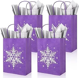 24Pcs Christmas Paper Bags with 30 Sheets Tissue Paper Purple Silver Snowflake Treat Gift Bags with Handles Candy Goodie Bags for Winter Xmas