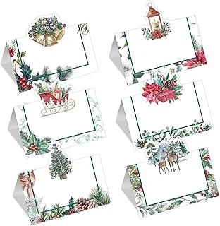 48Pcs Christmas Place Cards for Table Setting Watercolor Holly Berry Xmas Tree Table Name Place Cards Xmas Blank Tented Rustic Folded Dinner Name Tags for Winter Holiday Birthday Party Decor