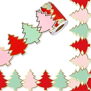 32.8ft Christmas Bulletin Board Border Gold Foil Red Green Pink Tree Die-Cut Rolled Border Trim for Xmas Winter Chalkboard Wall Decoration