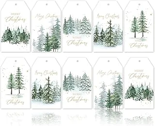 120Pcs Christmas Paper Gift Tags Watercolor Christmas Tree Tags Gold Foil with Hemp Rope Merry Christmas Holiday Hanging Labels Gift Tags for Xmas Winter DIY Gift Party Favor Decor, 5 Designs