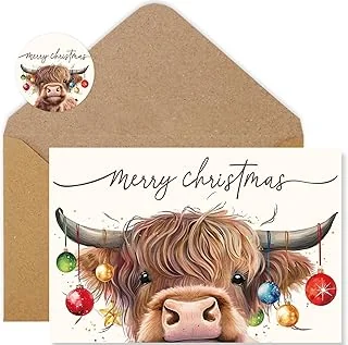 36Pcs Highland Cow Christmas Cards with Envelopes and Stickers Cow Colored Lights Greeting Card Xmas Blank Note Card for Christmas Winter Holiday