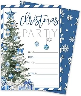 25 Pack Christmas Invitations with Envelopes Stickers Blue Xmas Tree Stripe Invitation Cards Blank Invites for Xmas Party Supplies, 5 x 7 Inch