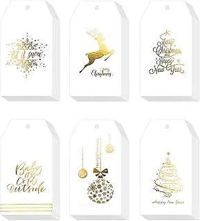 120 Pcs Christmas Gold Foil Paper Gift Tags Holiday Hang Name Tags Label with Twine for DIY Xmas Present Happy New Year Party Decoration