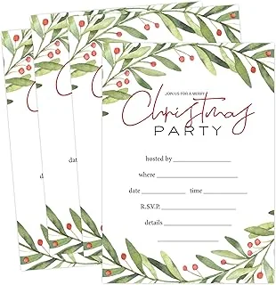 25 Pack Christmas Party Invitation Cards Holly Greenery Watercolor Leaves&Berries Invitation Paper Cards with Envelopes Xmas Holiday Party Invites