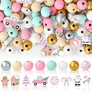 220Pcs Christmas Wooden Beads 16 Styles Pink Xmas Pattern Decorative Wood Beads Multi-Color Round Loose Beads for Tried Tray Winter Farmhouse Decor DIY Crafts
