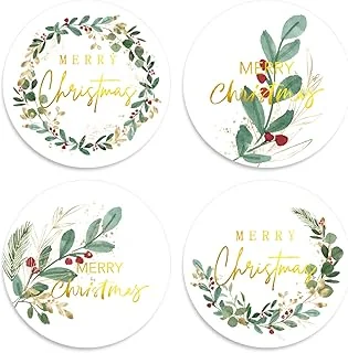 1000Pcs Merry Christmas Gold Foil Stickers Roll Holly Berry Watercolor Seal Stickers Xmas Greenery Self-Adhesive Decals for Envelope Journal Party Decor, 4 Designs
