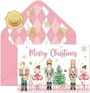 50 Pack Merry Christmas Cards Bulk Boxed Pink Nutcracker Snowflake Checks Greeting Cards Blank Note Card with Envelope Sticker for Birthday Wedding Bridal Shower