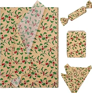100 Sheets Christmas Tissue Paper Xmas Holy Leaves Red Berries Printed Gift Wrapping Paper Rustic Kraft Art Tissue Paper for Christmas DIY Crafts Gift Bags Winter Party Decor, 13.8 x 19.7