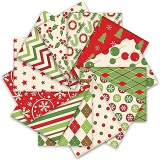 12Pcs Cotton Fabric Bundles Xmas Tree Snowflake Dot Stripe Printed Fat Quarters Holiday Sewing Fabrics for Christmas DIY Handmade Crafting, 18 x 22 Inch