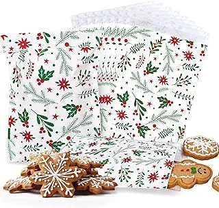 100Pcs Christmas Treat Bags Self-Adhesive Xmas Botanical Print Goodie Snack Gift Bags Vintage Red Green Candy Buffet Paper Bags for Winter Holiday Party Favor Supplies