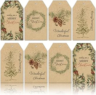 120Pcs Christmas Plants Gift Tags Vintage Kraft Paper Gift Tags with 98.4Ft Hemp Rope Watercolor Plant Merry Christmas Seasonal Wishes Xmas Favor Hanging Tags for Christmas Party Gift Wrapping