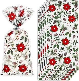 160Pcs Christmas Cellophane Treat Bags with 200Pcs Twist Tie Holly Berry Poinsettia Party Gift Bags Rustic Plastic Candy Goodie Bags for Xmas Snacks Cookies Packing Supplies