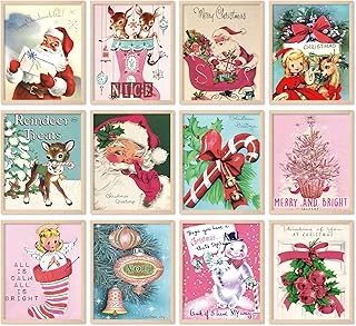 12Pcs Christmas Wall Art Prints Santa Reindeer Snowman Paper Posters Vintage Decorative Aesthetic Pictures for Xmas Home Office Gallery Party, 8 x 10 Inch, Unframed