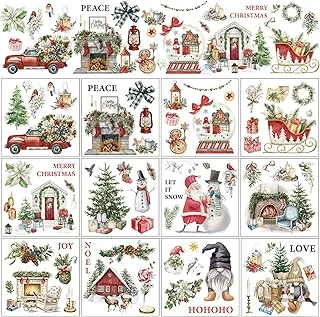 12 Sheets Christmas Rub on Transfers Classic Watercolor Santa Snowman Gnome Transfer Stickers Winter Floral Bird Furniture Decals for Home Office Paper Wood DIY Crafts, 5.9 x 5.9 Inch