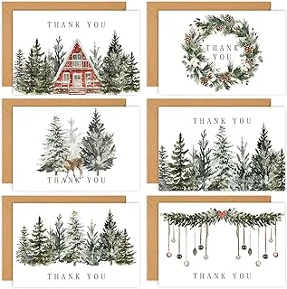 36 Packs Christmas Thank You Cards Watercolor Xmas Pine Tree Greeting Cards Winter Forest Blank Note Cards with Envelopes and Stickers for Wedding Birthday Holiday, 4 x 6 Inch