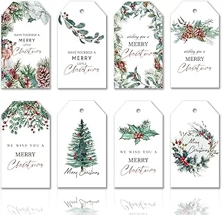 120Pcs Christmas Paper Gift Tags with Hemp Rope Watercolor Xmas Tree Pinecone Deer Paper Tags Holiday Hanging Labels Pre-Punched with Holes, 8 Design