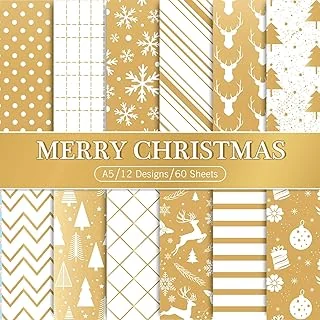 60 Sheet Christmas Pattern Paper A5 Size White Gold Snowflake Reindeer Christmas Tree Glossy Scrapbook Paper Double-Sided Xmas Craft Paper Folded Flat for DIY Card Making Supplies, 12 Designs