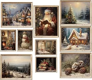 10 Sheet Vintage Christmas Wall Art Prints Snow Scene Santa Xmas Tree Posters Retro Warm Seasonal Paper Wall Arts for Winter Holiday Living Room Bedroom, Unframed