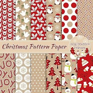 24 Pack Christmas Pattern Paper 30x30cm Red Cute Santa Reindeer Snowman Scrapbook Paper Double-Sided Craft Papers for DIY Card Making Scrapbook Photo Album Decor, 12 Designs
