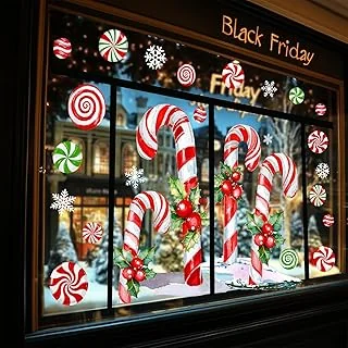 13.8 * 35.4'' Extra Large Christmas Window Clings Red Green Candy Cane Holly Berry Window Stickers Double Sided Glass Decals for Winter Xmas Home Classroom Office Party Decoration, 3 Sheets