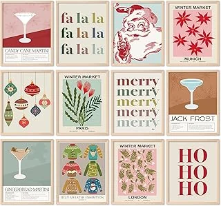 12Pcs Christmas Wall Art Prints Santa Cocktail Paper Art Posters Vintage Decorative Aesthetic Wall Decor for Xmas Home Gallery Decor, 8 x 10 Inch (Unframed)