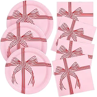 Christmas Red Bow Tableware Set Serves 24 Guests Pink Paper Plates with Luncheon Napkin for Xmas Birthday Baby Shower Table Decor Supplies, 48 Pcs