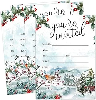 25 Pack Christmas Party Invitation Cards Winter Woodland Robin Invitation Paper Cards with Dark Red Envelopes Xmas Holiday Watercolor Animals Party Invites