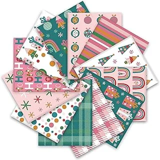 12Pcs Christmas Cotton Fabric Bundles Xmas Tree Snowflake Gift Box Fat Quarters Pink Green Checkered Printed Sewing Fabrics for DIY Handmade Crafting, 18 x 22 Inch