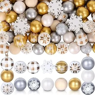 210Pcs Golden Wood Beads Winter Gold Silver White Snowflake Pattern Wood Craft Beads Rustic Farmhouse Tiered Tray Decor Garland for Xmas DIY Making Bracelet Necklace Home Decor 10Styles